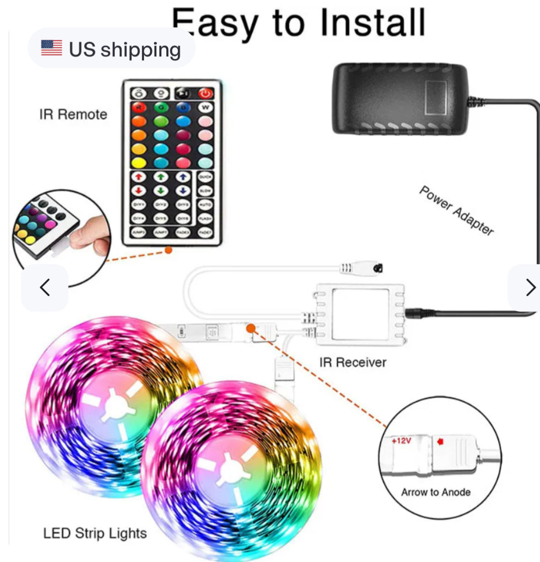 RGB LED Light Strip — Bluetooth App & 44-Key Remote Color Changing Ambient Lighting
