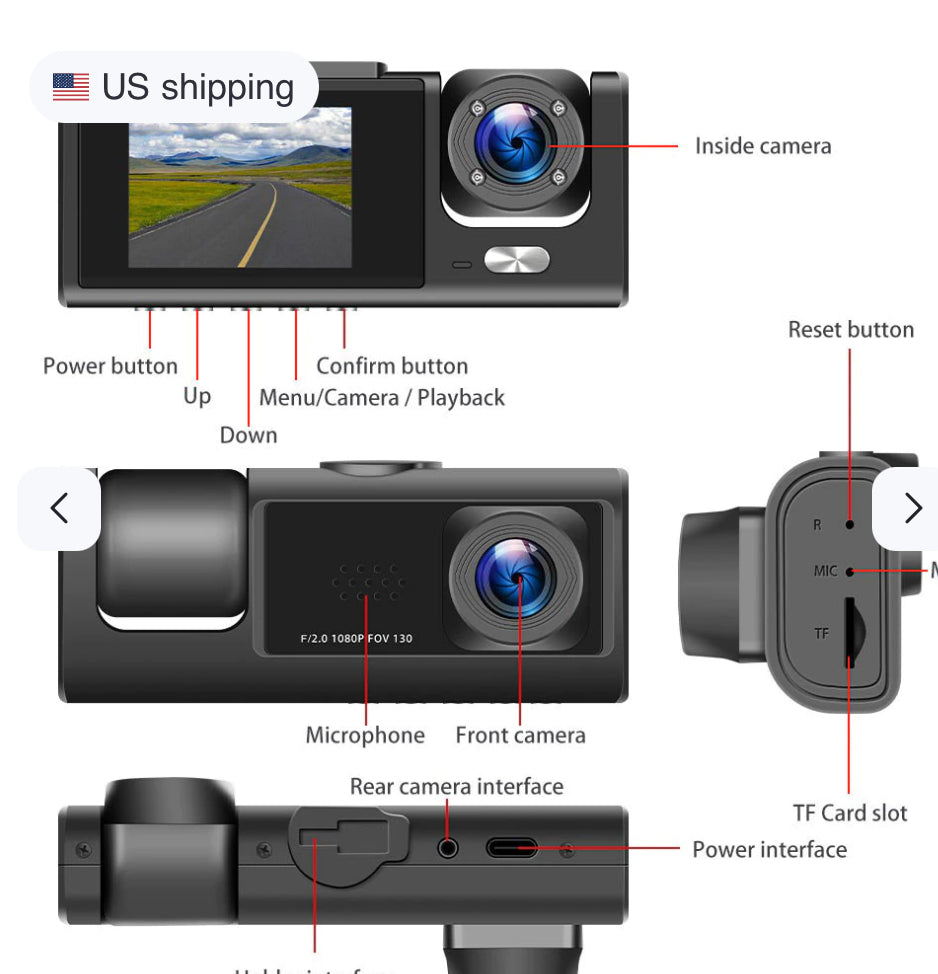 Car Dual Lens Dash Cam — 1080P HD Front, Rear & Interior Recording Camera System